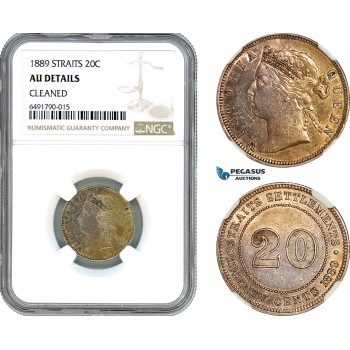 AH803, Straits Settlements, Victoria, 20 Cents 1889, Silver, NGC AU Details