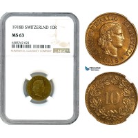 AH806, Switzerland, 10 Rappen 1918 B, Bern Mint, NGC MS63