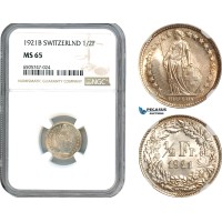 AH807, Switzerland, 1/2 Franc 1921 B, Bern Mint, Silver, NGC MS65