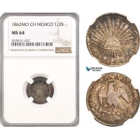 AH81, Mexico 1/2 Real 1862 MO CH, Mexico City Mint, Silver, NGC MS64