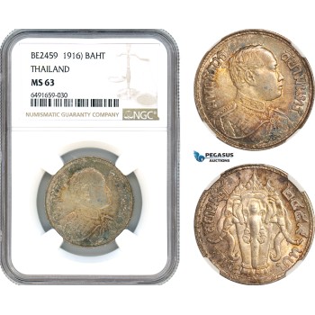 AH814, Thailand, Rama VI, 1 Baht BE2459 (1916) Silver, NGC MS63 AH814, Thailand, Rama VI, 1 Baht BE2459 (1916) Silver, NGC MS63