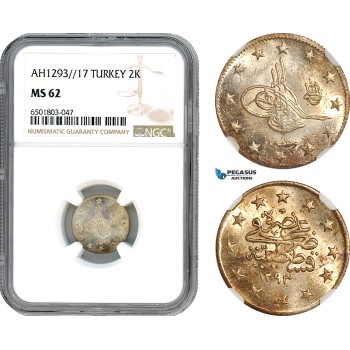 AH825, Ottoman Empire, Turkey, Abdülhamid II, 2 Kurush AH1293//17, Silver, NGC MS62