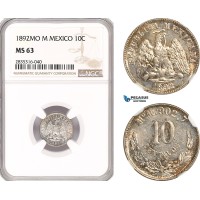 AH83, Mexico, 10 Centavos 1892 Mo M, Mexico City Mint, Silver, NGC MS63