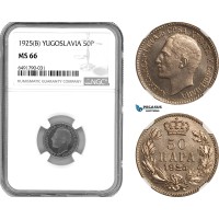 AH832, Yugoslavia, Alexander I, 50 Para 1925 B, Brussels Mint, NGC MS66