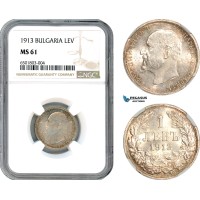 AH843, Bulgaria, Ferdinand, 1 Lev 1913, Vienna Mint, Silver, NGC MS61