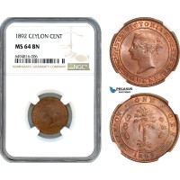 AH845, Ceylon, Victoria, 1 Cent 1892, Calcutta Mint, NGC MS64BN