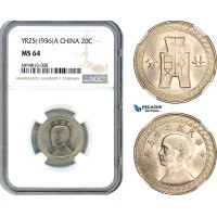 AH849, China, 20 Cents YR25 (1936) A, Vienna Mint, NGC MS64
