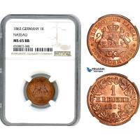 AH862, Germany, Nassau, 1 Kreuzer 1863,  Wiesbaden Mint, NGC MS65RB