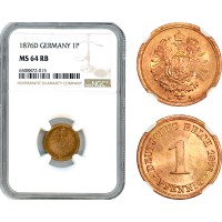 AH864, Germany, Wilhelm I, 1 Pfennig 1876 D, Munich Mint, NGC MS64RB
