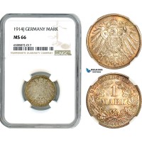 AH865, Germany, Wilhelm II, 1 Mark 1914 J, Hamburg Mint, Silver, NGC MS66