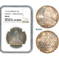 AH868, Germany, Saxony, 3 Mark 1913 E, Muldenhutten Mint, Leipzig Battle, Silver, NGC MS64
