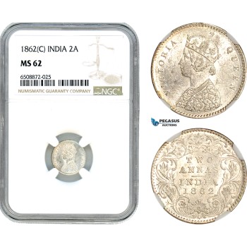 AH874, India (British) Victoria, 2 Annas 1862 C, Calcutta Mint, Silver, NGC MS62