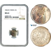 AH875, India (British) Victoria, 2 Annas 1862 C, Calcutta Mint, Silver, NGC MS63