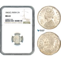 AH876, India (British) Victoria, 2 Annas 1862 C, Calcutta Mint, Silver, NGC MS63