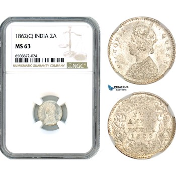 AH876, India (British) Victoria, 2 Annas 1862 C, Calcutta Mint, Silver, NGC MS63