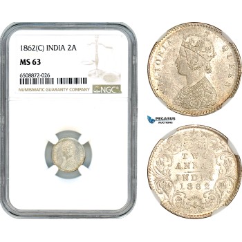 AH877, India (British) Victoria, 2 Annas 1862 C, Calcutta Mint, Silver, NGC MS63