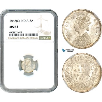 AH878, India (British) Victoria, 2 Annas 1862 C, Calcutta Mint, Silver, NGC MS63