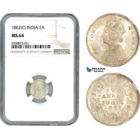 AH879, India (British) Victoria, 2 Annas 1862 C, Calcutta Mint, Silver, NGC MS64