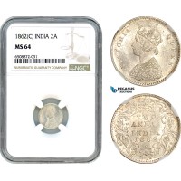 AH880, India (British) Victoria, 2 Annas 1862 C, Calcutta Mint, Silver, NGC MS64