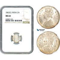 AH881, India (British) Victoria, 2 Annas 1862 C, Calcutta Mint, Silver, NGC MS64