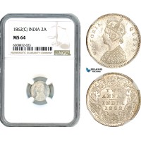AH882, India (British) Victoria, 2 Annas 1862 C, Calcutta Mint, Silver, NGC MS64