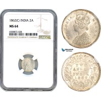 AH883, India (British) Victoria, 2 Annas 1862 C, Calcutta Mint, Silver, NGC MS64