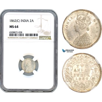 AH883, India (British) Victoria, 2 Annas 1862 C, Calcutta Mint, Silver, NGC MS64