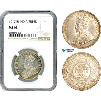 AH884, India (British) George V, 1 Rupee 1917 B, Bombay Mint, Silver, NGC MS62