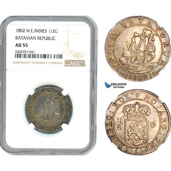 AH888, Netherlands East Indies, Batavian Rep. 1/2 Gulden 1802, Silver, NGC AU55