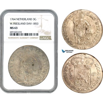 AH889, Netherlands, W. Friesland, 3 Gulden 1764, DAV-1853, Silver, NGC MS63