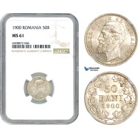 AH893, Romania, Carol I, 50 Bani 1900 B, Bucharest Mint, Silver, NGC MS61