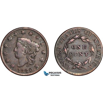 AH909, United States, Coronet Head Cent 1820, Philadelphia Mint, Small date, XF Cleaned