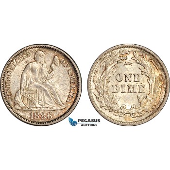 AH918, United States, Seated Liberty One Dime 1886, Silver, Philadelphia Mint, Toned AU-UNC
