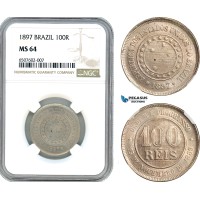 AH929, Brazil, 100 Reis 1897, NGC MS64, Pop 1/1, Rare Grade!