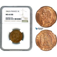 AH953, France, Napoleon III, 5 Centimes 1862 A, Paris Mint, NGC MS64RB