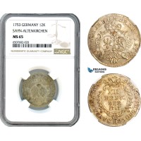 AH955, Germany, Sayn Altenkirchen, Karl Wilhelm Friedrich, 12 Kreuzer 1753, Silver, NGC MS65, Pop 1/0