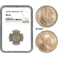 AH958, Germany, Wilhelm I, 10 Pfennig 1876 D, Munich Mint, NGC MS64, Top Pop!