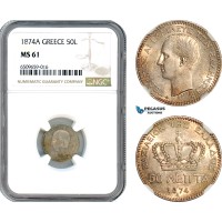 AH961, Greece, George I, 50 Lepta 1874 A, Paris Mint, Silver, NGC MS61