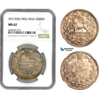 AH967, Iran, Muzaffar al-Din Shah, 5000 Dinars AH1320 (1902) Silver, NGC MS62