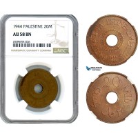 AH981, Palestine, 20 Mils 1944, London Mint, NGC AU58BN