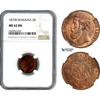 AH985, Romania, Carol I, 2 Bani 1879 B, Bucharest Mint, 19,5mm Variety, NGC MS62BN