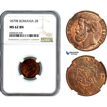 AH985, Romania, Carol I, 2 Bani 1879 B, Bucharest Mint, 19,5mm Variety, NGC MS62BN
