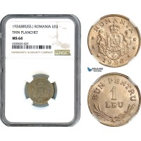AH988, Romania, Ferdinand, 1 Leu 1924, Brussels Mint, Thin Planchet, NGC MS64
