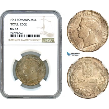 AH989, Romania, Mihai I, 250 lei 1941, Totul Edge, Silver, NGC MS62, Rare!