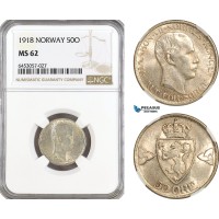 AH99, Norway, Haakon VII, 50 Ore 1918, Kongsberg Mint, Silver, NGC MS62