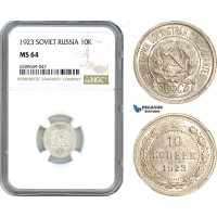 AH996, Russia (Soviet) 10 Kopeks 1923, Leningrad Mint. Silver, NGC MS64