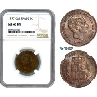 AI002, Spain, Alfonso XII, 5 Centimos 1877 OM, Barcelona Mint, NGC MS62BN