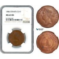 AI004, Straits Settlements, Victoria, 1 Cent 1886, NGC MS63BN, Top Pop! Rare date!