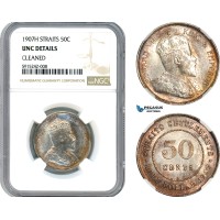 AI007, Straits Settlements, Edward VII, 50 Cents 1907 H, Heaton Mint, Silver, NGC UNC Det.