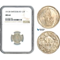 AI010, Switzerland 1/2 Franc 1913 B, Bern Mint, Silver, NGC MS64